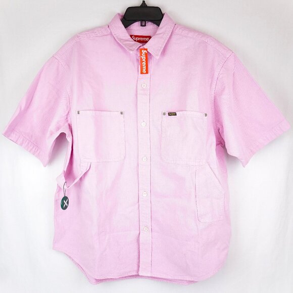 NWT Supreme Loose Fit Short-Sleeve Button-Up Denim Painter Shirt in Pink Size M - Picture 1 of 9